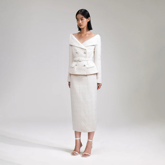 Self-Portrait- Cream Boucle Midi Dress