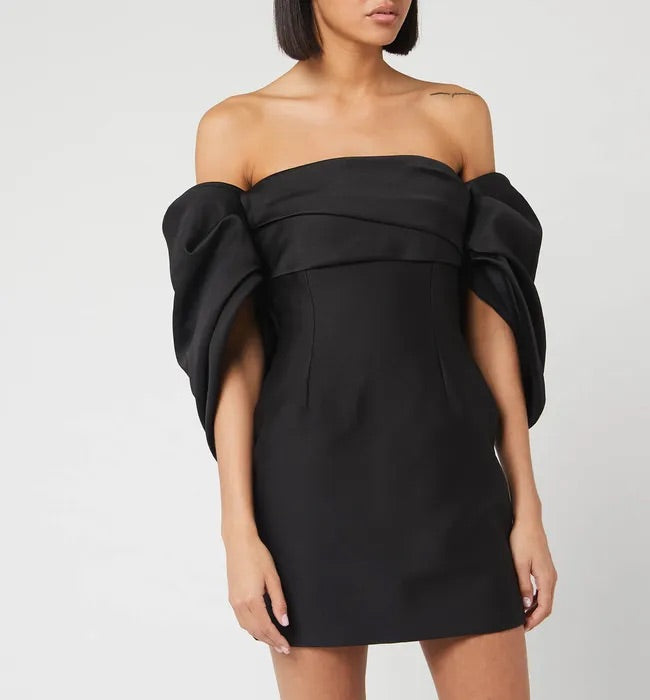 elina mini dress solace london Elina off-the-shoulder gathered crystal-embellished faille mini dress - black