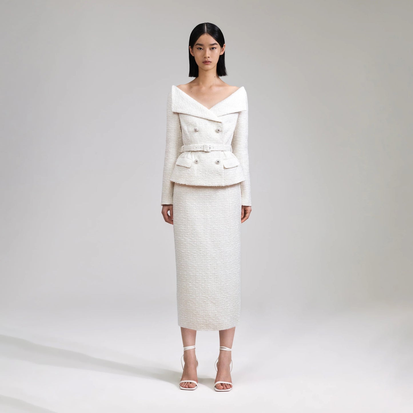 Self-Portrait- Cream Boucle Midi Dress