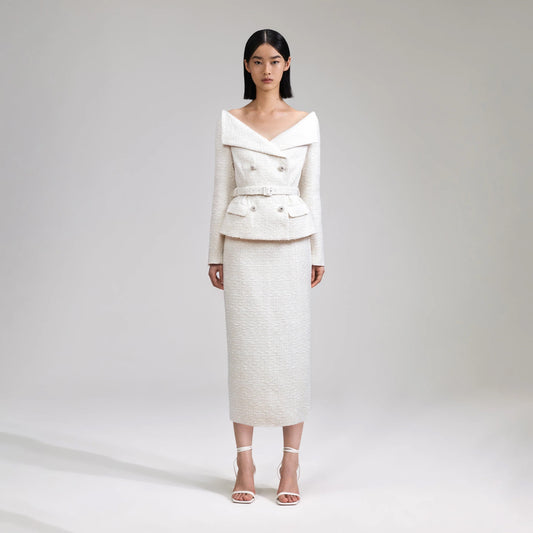 Self-Portrait- Cream Boucle Midi Dress