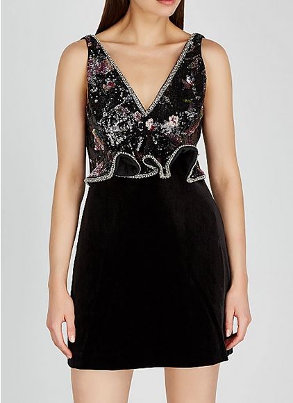Self-Portrait Black sequin-embellished velvet mini dress